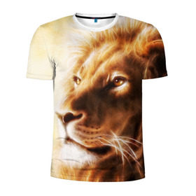 Мужская футболка 3D спортивная с принтом Лев в Курске, 100% полиэстер с улучшенными характеристиками | приталенный силуэт, круглая горловина, широкие плечи, сужается к линии бедра | власть | джунгли | кошка | лев | мощь | отвага | сила | хищник | храбрость | царь зверей