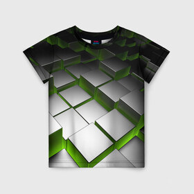 Детская футболка 3D с принтом Куб в Курске, 100% гипоаллергенный полиэфир | прямой крой, круглый вырез горловины, длина до линии бедер, чуть спущенное плечо, ткань немного тянется | зеленая | квадрат | куб | текстуры