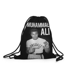 Рюкзак-мешок 3D с принтом Muhammad Ali в Курске, 100% полиэстер | плотность ткани — 200 г/м2, размер — 35 х 45 см; лямки — толстые шнурки, застежка на шнуровке, без карманов и подкладки | Тематика изображения на принте: ali | boxing | muhammad ali |   |  muhammad |  бокс | али | боксер | мухамад. мухаммад | мухаммед | мухаммед али