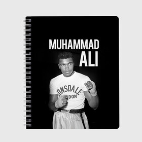 Тетрадь с принтом Muhammad Ali в Курске, 100% бумага | 48 листов, плотность листов — 60 г/м2, плотность картонной обложки — 250 г/м2. Листы скреплены сбоку удобной пружинной спиралью. Уголки страниц и обложки скругленные. Цвет линий — светло-серый
 | Тематика изображения на принте: ali | boxing | muhammad ali |   |  muhammad |  бокс | али | боксер | мухамад. мухаммад | мухаммед | мухаммед али
