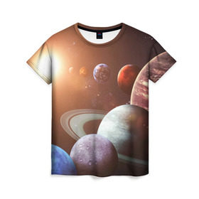 Женская футболка 3D с принтом Планеты солнечной системы в Курске, 100% полиэфир ( синтетическое хлопкоподобное полотно) | прямой крой, круглый вырез горловины, длина до линии бедер | венера | звезды | земля | космос | марс | меркурий | сатурн | солнце | уран | юпитер