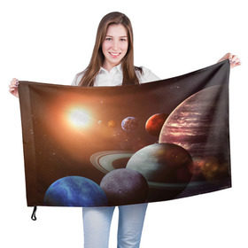 Флаг 3D с принтом Планеты солнечной системы в Курске, 100% полиэстер | плотность ткани — 95 г/м2, размер — 67 х 109 см. Принт наносится с одной стороны | венера | звезды | земля | космос | марс | меркурий | сатурн | солнце | уран | юпитер