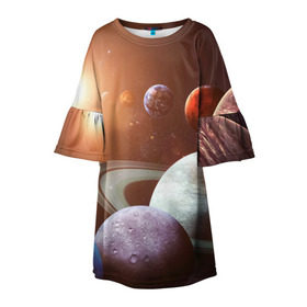 Детское платье 3D с принтом Планеты солнечной системы в Курске, 100% полиэстер | прямой силуэт, чуть расширенный к низу. Круглая горловина, на рукавах — воланы | венера | звезды | земля | космос | марс | меркурий | сатурн | солнце | уран | юпитер