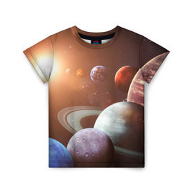 Детская футболка 3D с принтом Планеты солнечной системы в Курске, 100% гипоаллергенный полиэфир | прямой крой, круглый вырез горловины, длина до линии бедер, чуть спущенное плечо, ткань немного тянется | венера | звезды | земля | космос | марс | меркурий | сатурн | солнце | уран | юпитер