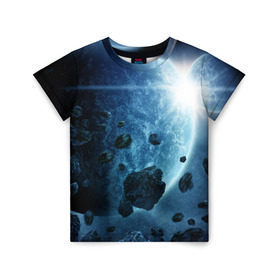 Детская футболка 3D с принтом Холодный космос в Курске, 100% гипоаллергенный полиэфир | прямой крой, круглый вырез горловины, длина до линии бедер, чуть спущенное плечо, ткань немного тянется | Тематика изображения на принте: вселенная | галактика | звезды | планеты | туманность