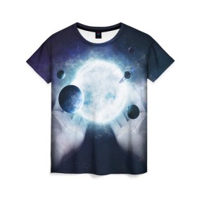 Женская футболка 3D с принтом Солнечная система на ладонях в Курске, 100% полиэфир ( синтетическое хлопкоподобное полотно) | прямой крой, круглый вырез горловины, длина до линии бедер | вселенная | галактика | звезды | планеты | солнце | туманность