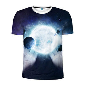Мужская футболка 3D спортивная с принтом Солнечная система на ладонях в Курске, 100% полиэстер с улучшенными характеристиками | приталенный силуэт, круглая горловина, широкие плечи, сужается к линии бедра | вселенная | галактика | звезды | планеты | солнце | туманность