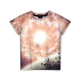 Детская футболка 3D с принтом Галактика в Курске, 100% гипоаллергенный полиэфир | прямой крой, круглый вырез горловины, длина до линии бедер, чуть спущенное плечо, ткань немного тянется | вселенная | галактика | звезды | планеты | туманность