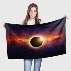 Флаг 3D с принтом Солнечное затмение в Курске, 100% полиэстер | плотность ткани — 95 г/м2, размер — 67 х 109 см. Принт наносится с одной стороны | галактика | звёзды | земля | космос | мгла | млечный путь | ночь | орбита | солнечная система | солнечное затмение | солнце | тьма