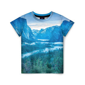 Детская футболка 3D с принтом Горный пейзаж в Курске, 100% гипоаллергенный полиэфир | прямой крой, круглый вырез горловины, длина до линии бедер, чуть спущенное плечо, ткань немного тянется | горный хребет | горы | каньон | лес | пейзаж | речка | туман | ущелье