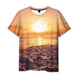 Мужская футболка 3D с принтом Закат в Курске, 100% полиэфир | прямой крой, круглый вырез горловины, длина до линии бедер | sunset | жара | закат | зной | косяк | лето | море | облака | океан | отдых | пена | песок | пляж | прибой | прилив | рассвет | солнце | стая птиц