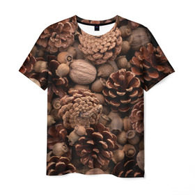 Мужская футболка 3D с принтом Шишки и орешки в Курске, 100% полиэфир | прямой крой, круглый вырез горловины, длина до линии бедер | дуб | ёлка | ель | жёлудь | иголки | кедр | лес | орех | орешки | осень | сосна | шишки