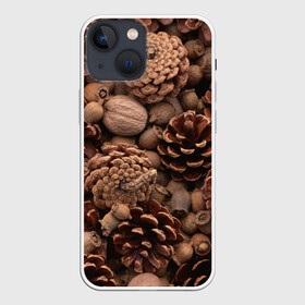 Чехол для iPhone 13 mini с принтом Шишки и орешки в Курске,  |  | дуб | ёлка | ель | жёлудь | иголки | кедр | лес | орех | орешки | осень | сосна | шишки