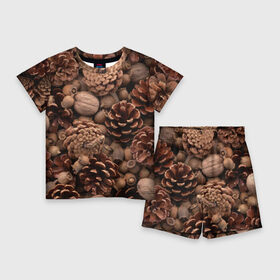 Детский костюм с шортами 3D с принтом Шишки и орешки в Курске,  |  | Тематика изображения на принте: дуб | ёлка | ель | жёлудь | иголки | кедр | лес | орех | орешки | осень | сосна | шишки