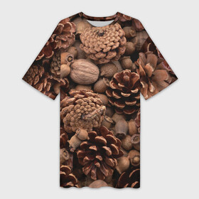 Платье-футболка 3D с принтом Шишки и орешки в Курске,  |  | дуб | ёлка | ель | жёлудь | иголки | кедр | лес | орех | орешки | осень | сосна | шишки