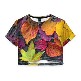 Женская футболка 3D укороченная с принтом Дары осени в Курске, 100% полиэстер | круглая горловина, длина футболки до линии талии, рукава с отворотами | жёлтый | золотой | красный | листва | листья | наряд | осень