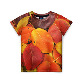 Детская футболка 3D с принтом Осенний покров в Курске, 100% гипоаллергенный полиэфир | прямой крой, круглый вырез горловины, длина до линии бедер, чуть спущенное плечо, ткань немного тянется | жёлтый | золотой | красный | листва | листья | осень