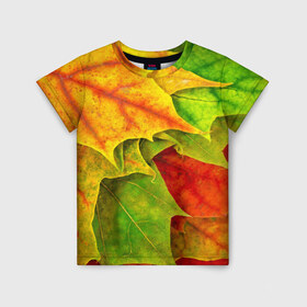 Детская футболка 3D с принтом Осенний наряд в Курске, 100% гипоаллергенный полиэфир | прямой крой, круглый вырез горловины, длина до линии бедер, чуть спущенное плечо, ткань немного тянется | жёлтый | зелёный | красный | листва | листья | оранжевый