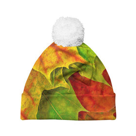 Шапка 3D c помпоном с принтом Осенний наряд в Курске, 100% полиэстер | универсальный размер, печать по всей поверхности изделия | жёлтый | зелёный | красный | листва | листья | оранжевый