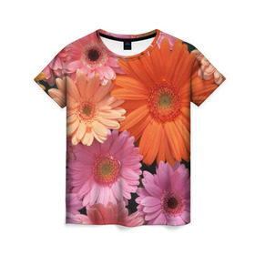 Женская футболка 3D с принтом Цветы в Курске, 100% полиэфир ( синтетическое хлопкоподобное полотно) | прямой крой, круглый вырез горловины, длина до линии бедер | букет | георгины | жёлтый | красота | полевые | розовый | ромашки | фиолетовый | хризантемы | цветы