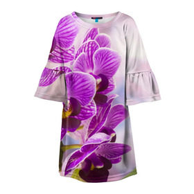 Детское платье 3D с принтом Божественная орхидея в Курске, 100% полиэстер | прямой силуэт, чуть расширенный к низу. Круглая горловина, на рукавах — воланы | Тематика изображения на принте: 8 марта | букет | весна | красота | куст | лето | орхидея | подарок | сиреневый цвет | цветок | шикарный цветочек