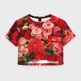 Женская футболка 3D укороченная с принтом Шикарный букет в Курске, 100% полиэстер | круглая горловина, длина футболки до линии талии, рукава с отворотами | 8 марта | блеск | гвоздики | красный | красота | невероятный | огромный букет | пёстрый | праздник | розы | роскошный | цветы | шикарный