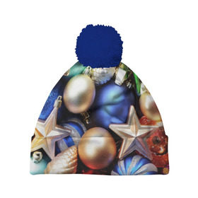 Шапка 3D c помпоном с принтом Игрушки на ёлку в Курске, 100% полиэстер | универсальный размер, печать по всей поверхности изделия | Тематика изображения на принте: новогодний | рождество | шарики