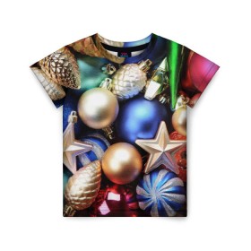 Детская футболка 3D с принтом Игрушки на ёлку в Курске, 100% гипоаллергенный полиэфир | прямой крой, круглый вырез горловины, длина до линии бедер, чуть спущенное плечо, ткань немного тянется | новогодний | рождество | шарики