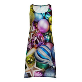 Платье-майка 3D с принтом Новый год в Курске, 100% полиэстер | полуприлегающий силуэт, широкие бретели, круглый вырез горловины, удлиненный подол сзади. | елочные | игрушки | новогодний | разноцветный | рождество | украшения