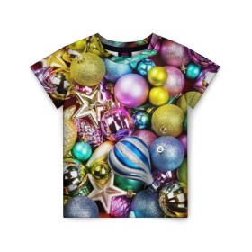 Детская футболка 3D с принтом Новый год в Курске, 100% гипоаллергенный полиэфир | прямой крой, круглый вырез горловины, длина до линии бедер, чуть спущенное плечо, ткань немного тянется | елочные | игрушки | новогодний | разноцветный | рождество | украшения