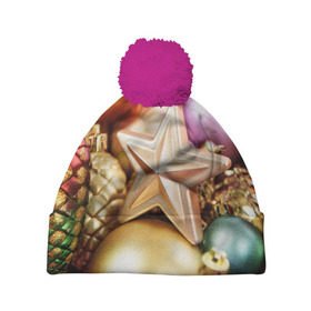 Шапка 3D c помпоном с принтом Игрушки с ёлки в Курске, 100% полиэстер | универсальный размер, печать по всей поверхности изделия | новогодний | рождество | шарики