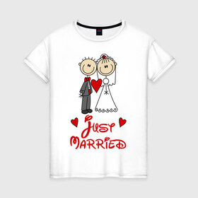 Женская футболка хлопок с принтом Just married в Курске, 100% хлопок | прямой крой, круглый вырез горловины, длина до линии бедер, слегка спущенное плечо | just married | женат | замужем | молодожены | свадьба
