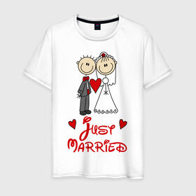 Мужская футболка хлопок с принтом Just married в Курске, 100% хлопок | прямой крой, круглый вырез горловины, длина до линии бедер, слегка спущенное плечо. | just married | женат | замужем | молодожены | свадьба