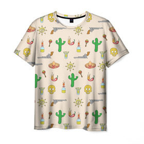 Мужская футболка 3D с принтом Мексиканский коллаж в Курске, 100% полиэфир | прямой крой, круглый вырез горловины, длина до линии бедер | кактус | коллад | мексика | револьвер | черепа | чили