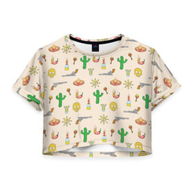 Женская футболка 3D укороченная с принтом Мексиканский коллаж в Курске, 100% полиэстер | круглая горловина, длина футболки до линии талии, рукава с отворотами | кактус | коллад | мексика | револьвер | черепа | чили