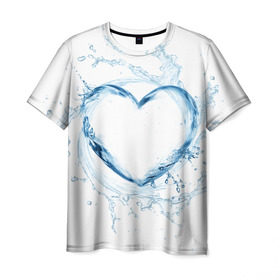 Мужская футболка 3D с принтом Водяное сердце в Курске, 100% полиэфир | прямой крой, круглый вырез горловины, длина до линии бедер | брызги | вода | жидкость | капли | кольцо | круг | сердце | синий