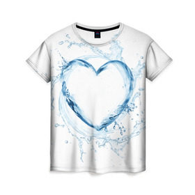 Женская футболка 3D с принтом Водяное сердце в Курске, 100% полиэфир ( синтетическое хлопкоподобное полотно) | прямой крой, круглый вырез горловины, длина до линии бедер | Тематика изображения на принте: брызги | вода | жидкость | капли | кольцо | круг | сердце | синий