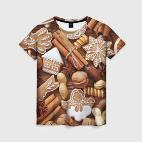 Женская футболка 3D с принтом Новогодние вкусняшки в Курске, 100% полиэфир ( синтетическое хлопкоподобное полотно) | прямой крой, круглый вырез горловины, длина до линии бедер | вкусняшки | конфеты | лакомство | леденцы | новый год | обжора | объедение | орешки | печенки | праздник | сладкоежка | сладости