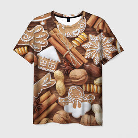 Мужская футболка 3D с принтом Новогодние вкусняшки в Курске, 100% полиэфир | прямой крой, круглый вырез горловины, длина до линии бедер | вкусняшки | конфеты | лакомство | леденцы | новый год | обжора | объедение | орешки | печенки | праздник | сладкоежка | сладости