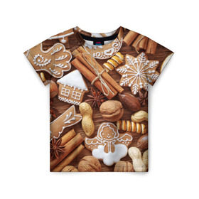 Детская футболка 3D с принтом Новогодние вкусняшки в Курске, 100% гипоаллергенный полиэфир | прямой крой, круглый вырез горловины, длина до линии бедер, чуть спущенное плечо, ткань немного тянется | вкусняшки | конфеты | лакомство | леденцы | новый год | обжора | объедение | орешки | печенки | праздник | сладкоежка | сладости