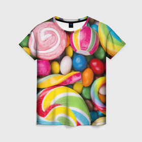 Женская футболка 3D с принтом Вкусняшки в Курске, 100% полиэфир ( синтетическое хлопкоподобное полотно) | прямой крой, круглый вырез горловины, длина до линии бедер | вкусняшки | драже | конфеты | лакомство | леденцы | мармелад | обжора | объедение | орешки | праздник | сладкоежка | сладости | шоколад
