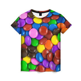 Женская футболка 3D с принтом Цветные конфетки в Курске, 100% полиэфир ( синтетическое хлопкоподобное полотно) | прямой крой, круглый вырез горловины, длина до линии бедер | Тематика изображения на принте: вкусняшки | драже | конфеты | лакомство | сладости | шоколад