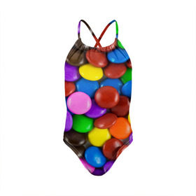 Детский купальник 3D с принтом Цветные конфетки в Курске, Полиэстер 85%, Спандекс 15% | Слитный крой, подклад по переду изделия, узкие бретели | вкусняшки | драже | конфеты | лакомство | сладости | шоколад