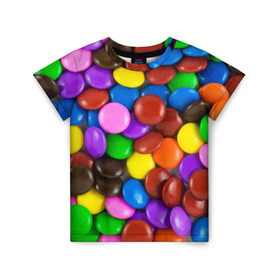 Детская футболка 3D с принтом Цветные конфетки в Курске, 100% гипоаллергенный полиэфир | прямой крой, круглый вырез горловины, длина до линии бедер, чуть спущенное плечо, ткань немного тянется | Тематика изображения на принте: вкусняшки | драже | конфеты | лакомство | сладости | шоколад