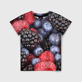 Детская футболка 3D с принтом Ягодки в Курске, 100% гипоаллергенный полиэфир | прямой крой, круглый вырез горловины, длина до линии бедер, чуть спущенное плечо, ткань немного тянется | вкусно | голубика | дача | деревня | ежевика | клубника | малина | огород | полезно | сад | смородина | сок | фрукты | черника | ягоды