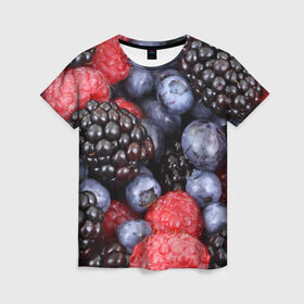Женская футболка 3D с принтом Ягодки в Курске, 100% полиэфир ( синтетическое хлопкоподобное полотно) | прямой крой, круглый вырез горловины, длина до линии бедер | вкусно | голубика | дача | деревня | ежевика | клубника | малина | огород | полезно | сад | смородина | сок | фрукты | черника | ягоды