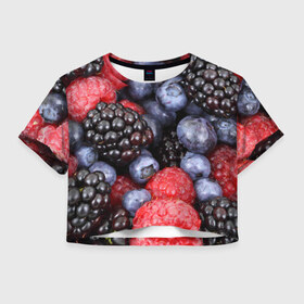 Женская футболка 3D укороченная с принтом Ягодки в Курске, 100% полиэстер | круглая горловина, длина футболки до линии талии, рукава с отворотами | вкусно | голубика | дача | деревня | ежевика | клубника | малина | огород | полезно | сад | смородина | сок | фрукты | черника | ягоды
