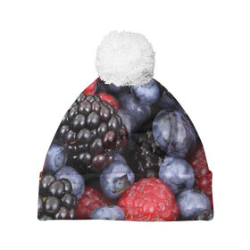 Шапка 3D c помпоном с принтом Ягодки в Курске, 100% полиэстер | универсальный размер, печать по всей поверхности изделия | Тематика изображения на принте: вкусно | голубика | дача | деревня | ежевика | клубника | малина | огород | полезно | сад | смородина | сок | фрукты | черника | ягоды