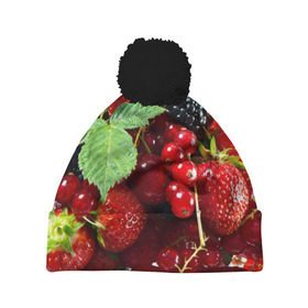 Шапка 3D c помпоном с принтом Любимые ягоды в Курске, 100% полиэстер | универсальный размер, печать по всей поверхности изделия | вкусно | голубика | дача | деревня | ежевика | зелень | клубника | малина | огород | полезно | сад | смородина | сок | фрукты | черника | шиповник | ягоды