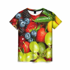 Женская футболка 3D с принтом Вкусные ягоды в Курске, 100% полиэфир ( синтетическое хлопкоподобное полотно) | прямой крой, круглый вырез горловины, длина до линии бедер | виноград | вкусно | голубика | дача | деревня | ежевика | клубника | малина | огород | полезно | рябина | сад | смородина | сок | фрукты | черника | ягоды